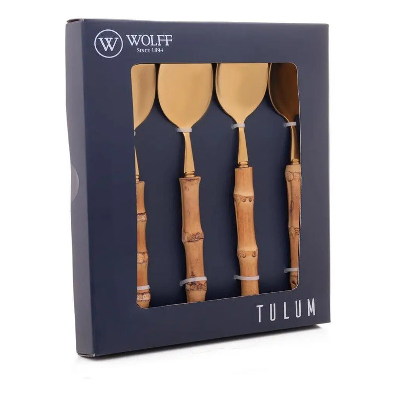 4 Colheres Mesa Wolff Bambu Tulum De Aço Inox Dourado 20,5cm