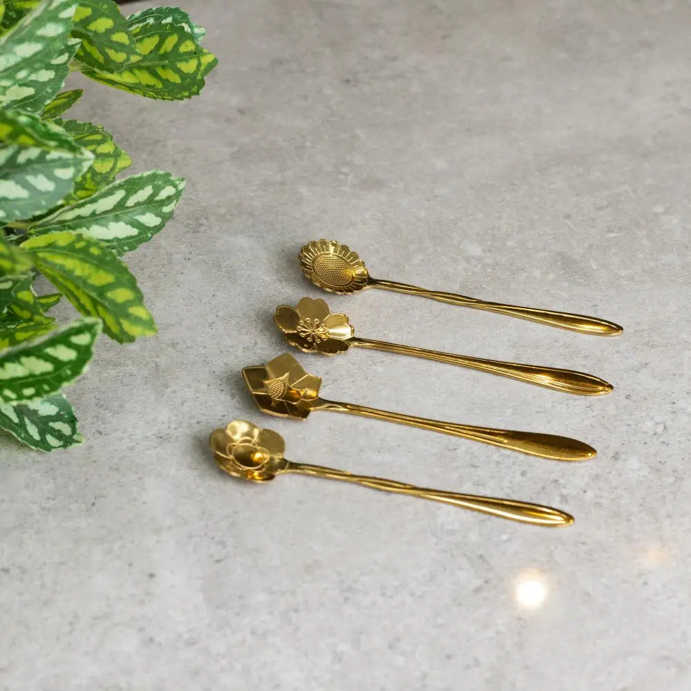 Kit 4 Colheres Chá Flores Dourado - Rojemac