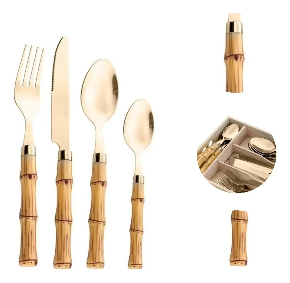 Faqueiro 24 Pcs Bambu Aço Inox Dourado Bon Gourmet