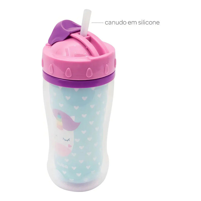 Copo Infantil Parede Dupla Animal Fun Unicórnio Canudo Buba