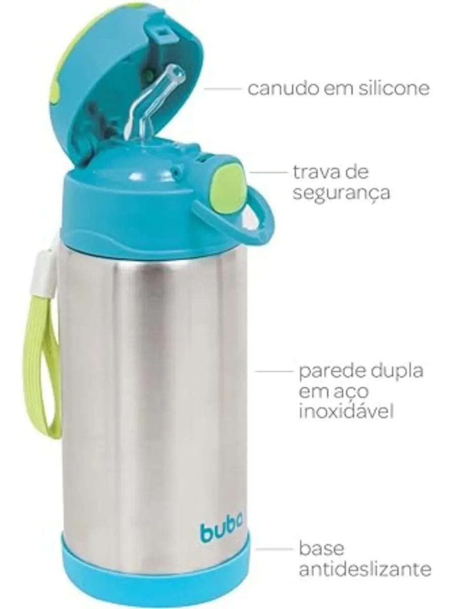 Garrafa Térmica Azul 400ml Bpa Free Com Canudo Buba Azul