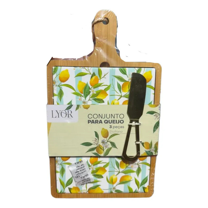Kit Tábua Bambu Bandeja Cerâmica Faca Siciliano 3 Peças C953 Geométrico Amarelo
