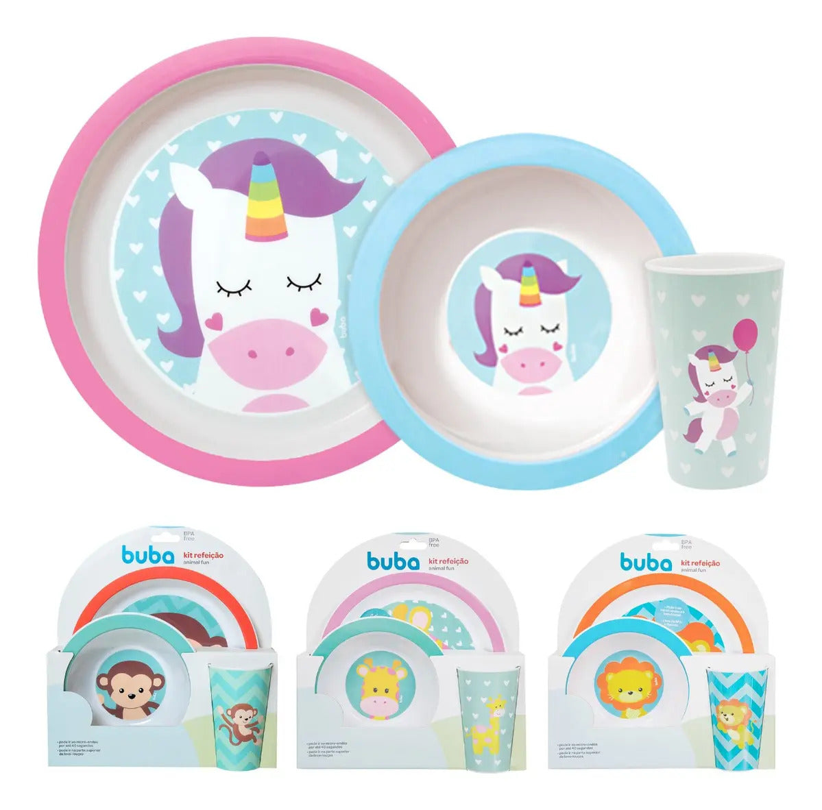 Kit Alimentação Prato Bowl Copo Bebe Divertido Animal Fun Unicórnio