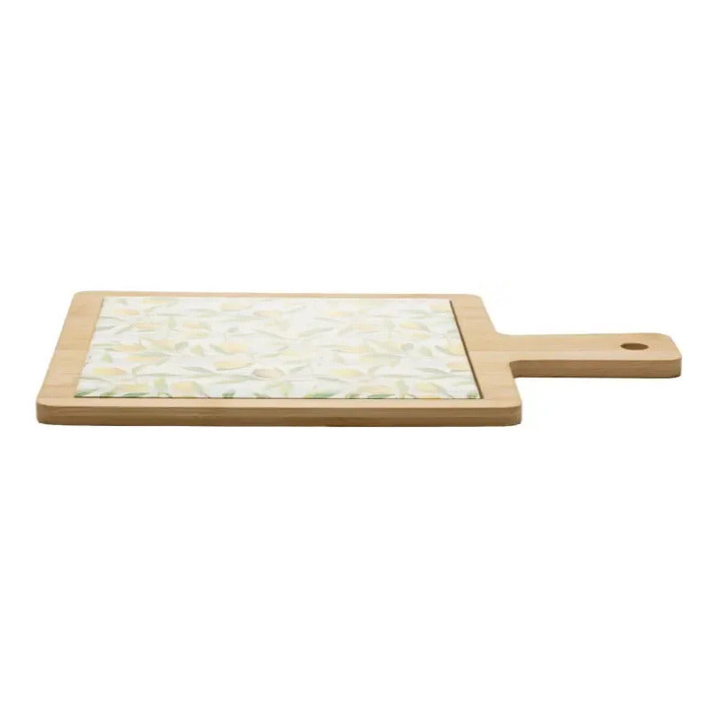 Kit Tábua Bambu Bandeja Cerâmica Faca Siciliano 3 Peças C953 Geométrico Amarelo