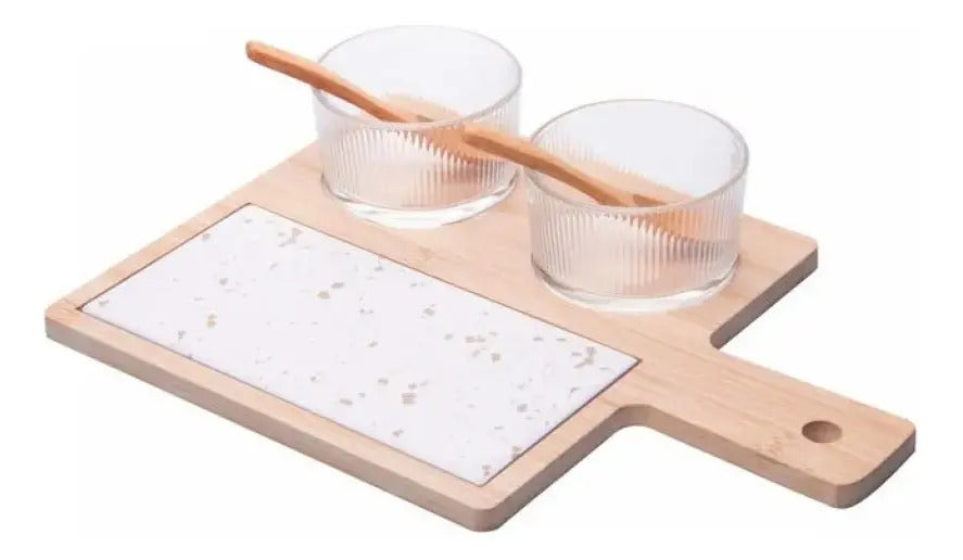 Conjunto 6 Peças Petisqueira Terrazo Colher E Bandeja Lyor Madeira