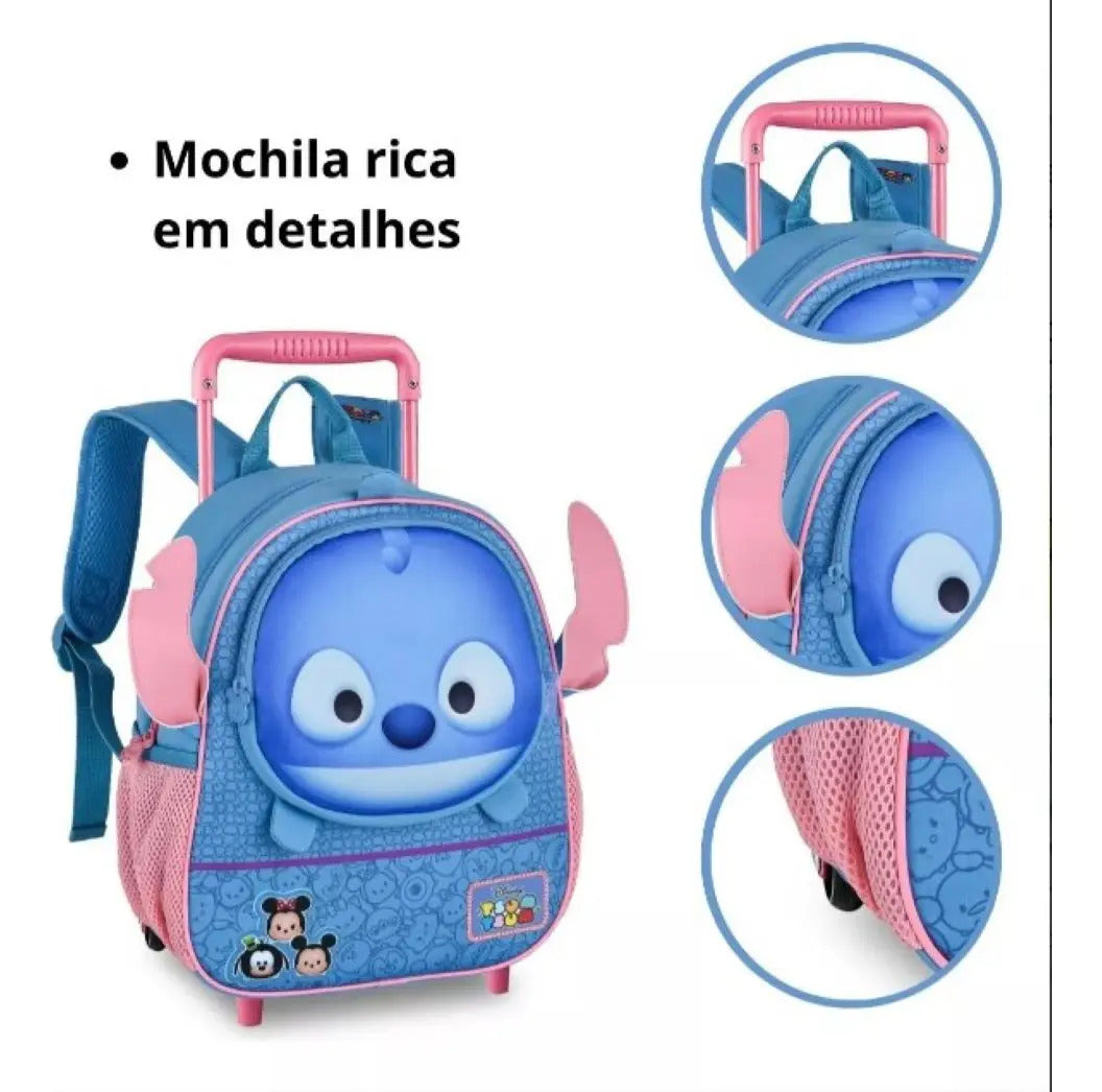 Mochila Escolar De Carrinho Para Criança Stitch Tsum Tsum 13  Azul Geométrico