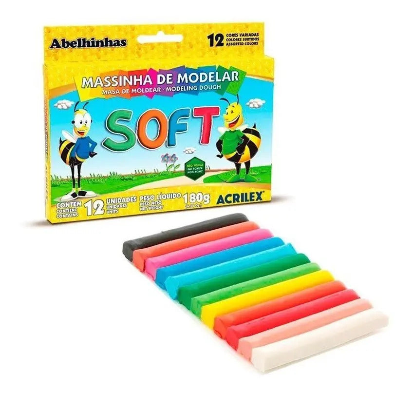 Massinha De Modelar Soft Acrilex 12 Cores Multicor Não Tóxica Infantil Mulitcor