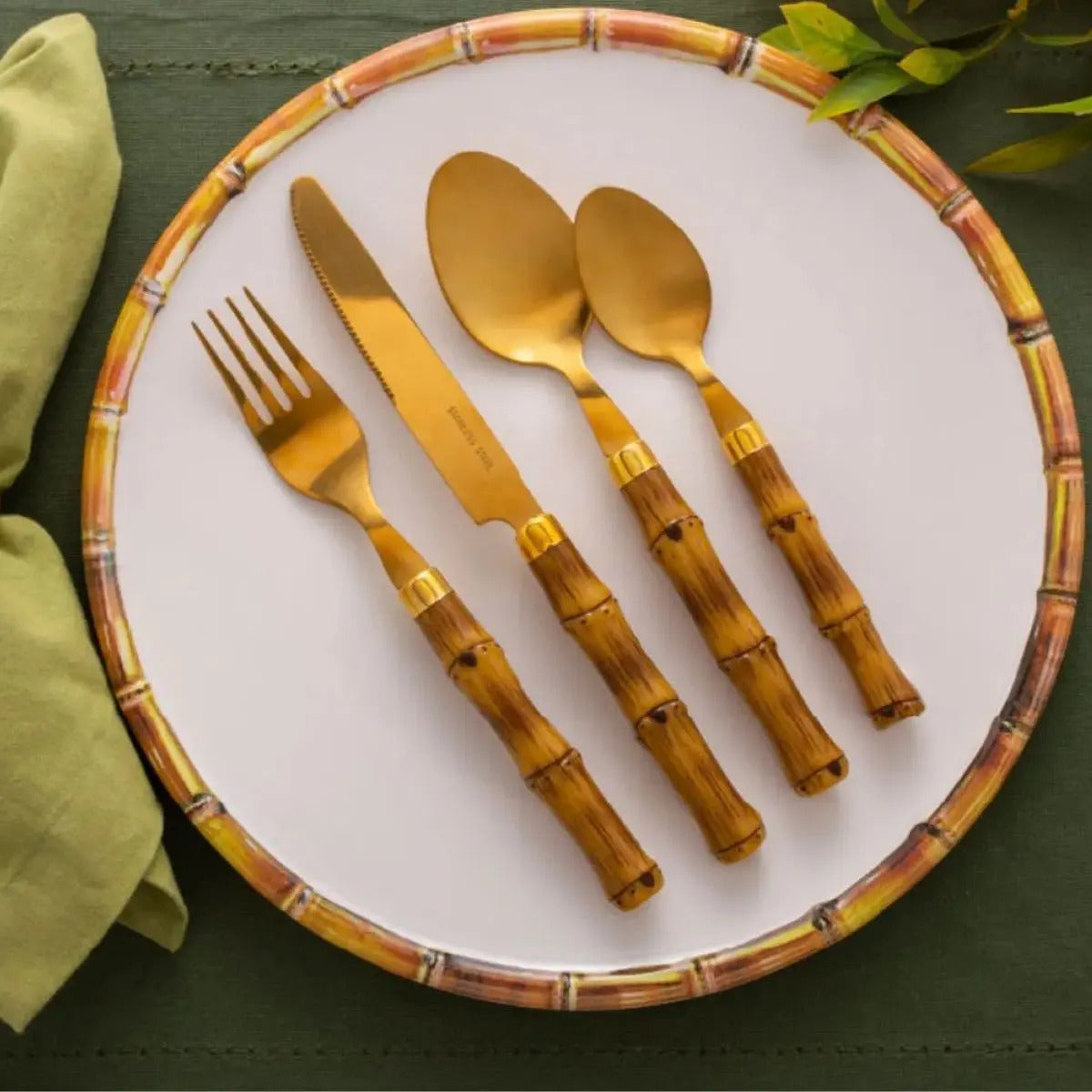Faqueiro 24 Pcs Bambu Aço Inox Dourado Bon Gourmet